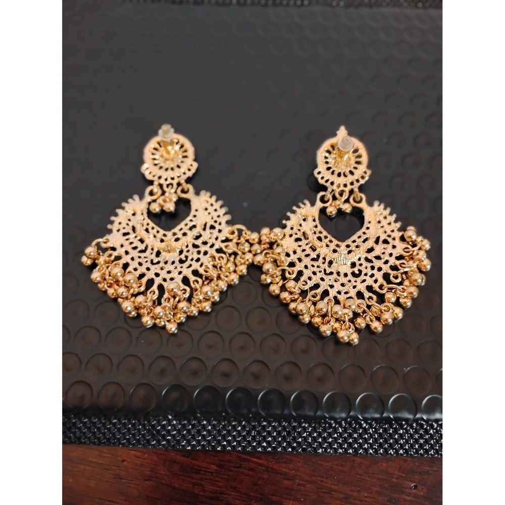 Gold Tone Filigree Chandelier Statement Earrings Indian Jhumka‎ Style Drop Bead